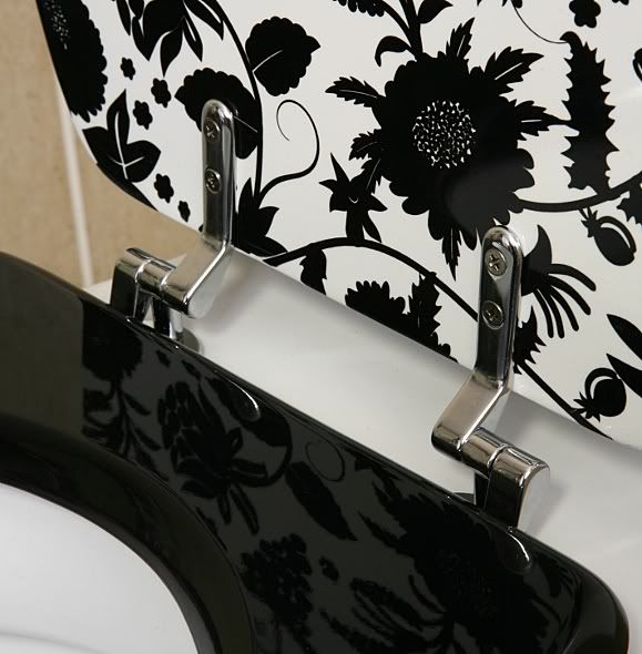 Toilet Seat Novelty Funky Black & Cream Flowers High Gloss Lacquered