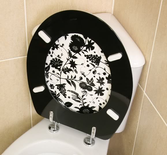 Toilet Seat Novelty Funky Black & Cream Flowers High Gloss Lacquered