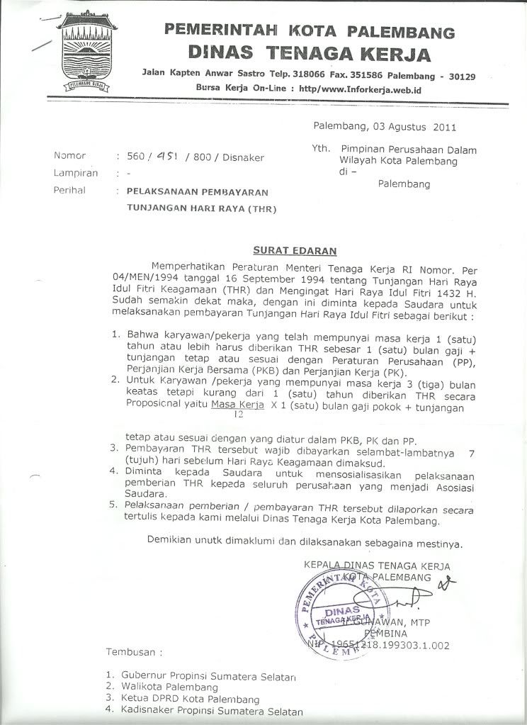 Pelaksanaan Pembayaran Tunjangan Hari Raya Surat Edaran